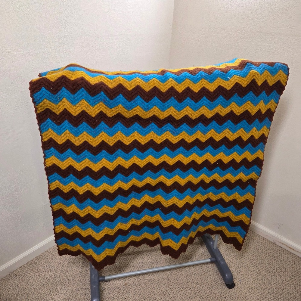 Vintage Wool Handmade Crochet Chevron Afghan Blanket Blue Yellow Brown 50x63